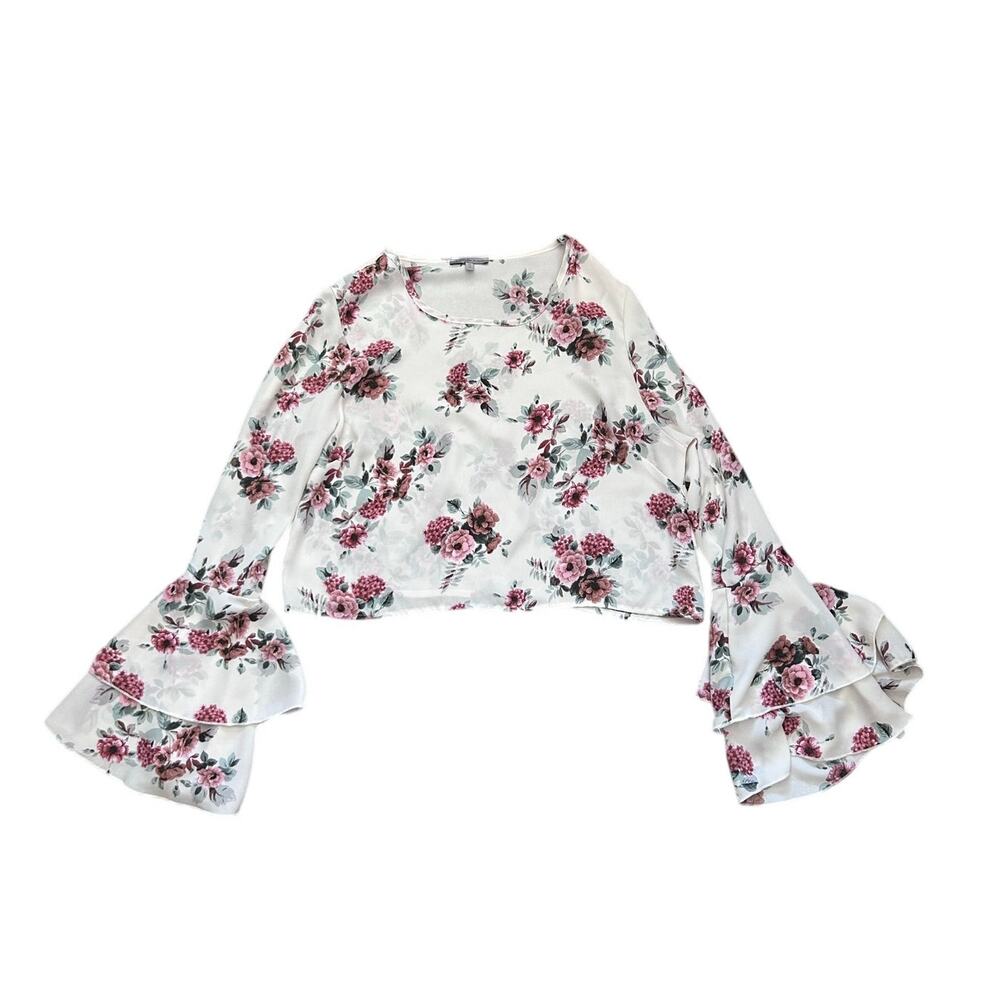 Ruffle Bell Sleeve White Sheer Floral Boho Coquette Top EUC